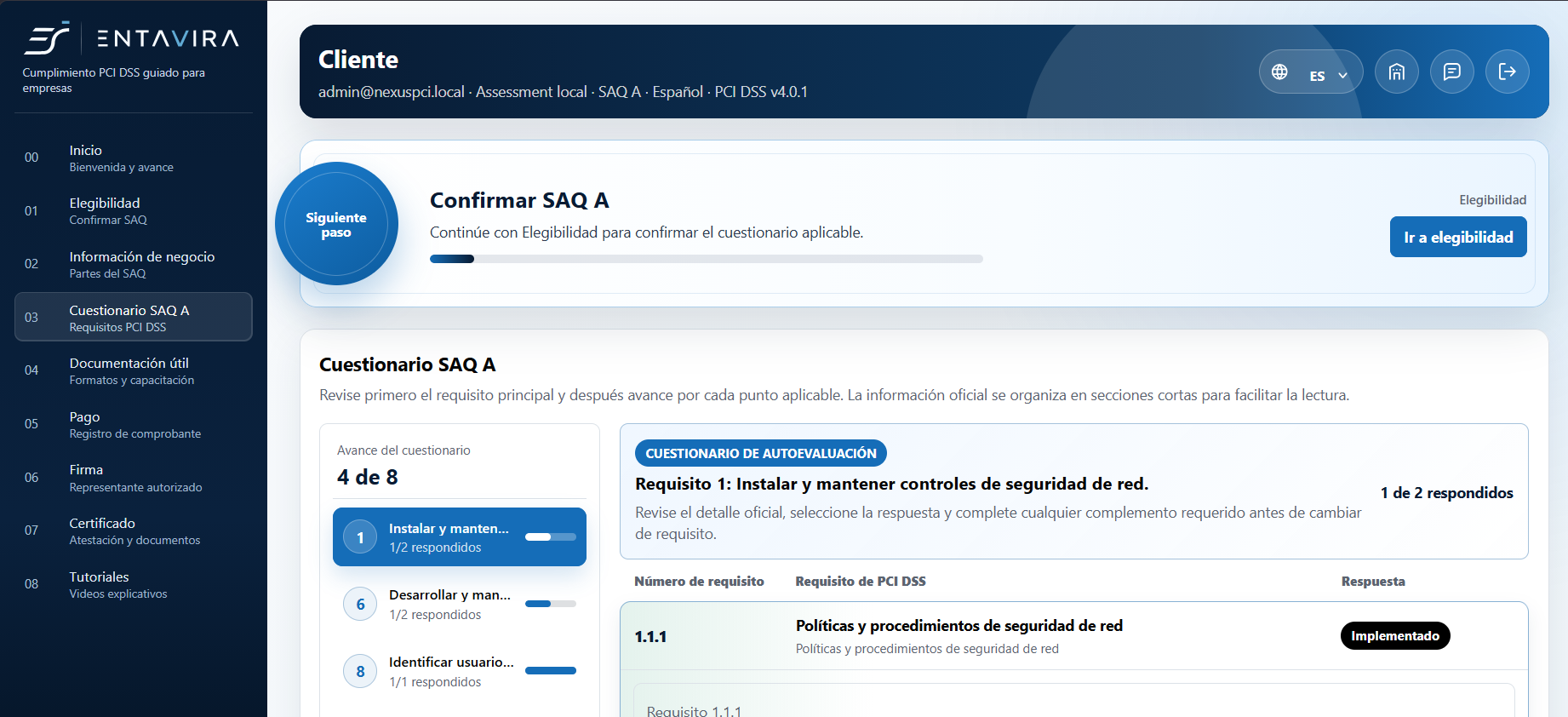 Cuestionario SAQ en Entavira con requisito, contexto y opciones de respuesta