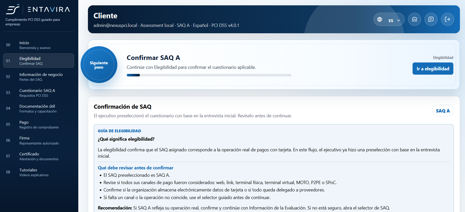 Vista de elegibilidad de Entavira para identificar una ruta SAQ probable